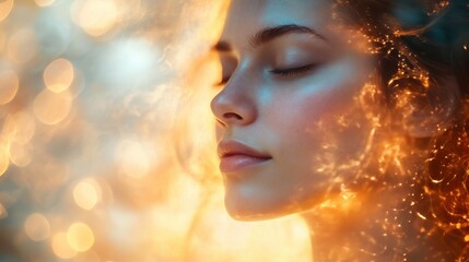 A serene portrait of a woman with closed eyes, surrounded by a warm, golden glow that enhances her natural beauty and peaceful expression