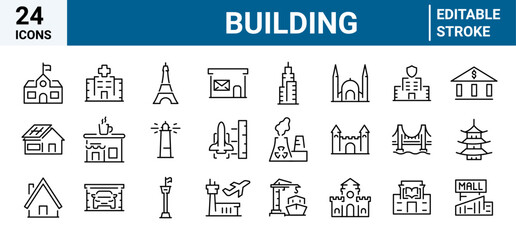 Building line web icons. Airport, Office, Hotel, Hospital, Insurance, town house, mall, coffee. Simple vector illustration. Editable stroke