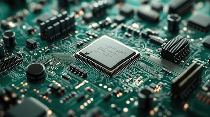 A sharp close-up of a green circuit board with microchips and metallic paths leading to different components.