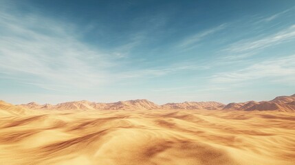 Naklejka premium A sweeping view of a remote desert with endless dunes and a calm sky, ideal for copy space. No people