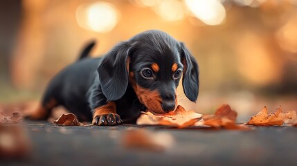 Adorable dachshund puppy playing with autumn leaves outdoors, showcasing the beauty of fall and the curiosity of young dogs.