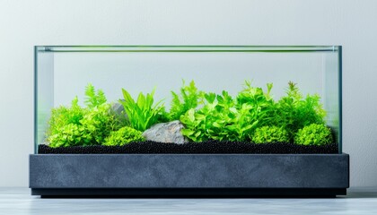 Lush green aquarium plants in modern glass tank on neutral background.