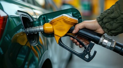 A person refuels a vehicle at a gas station using a fuel nozzle. The focus is on the hand holding the nozzle and the fuel tank of the car