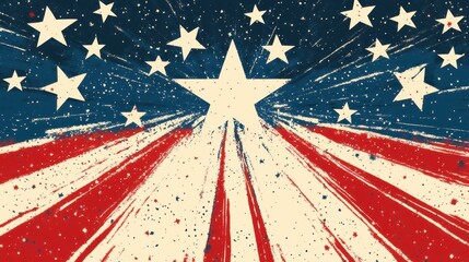 A vibrant, artistic representation featuring a large white star surrounded by red and blue rays, symbolizing patriotism and celebration