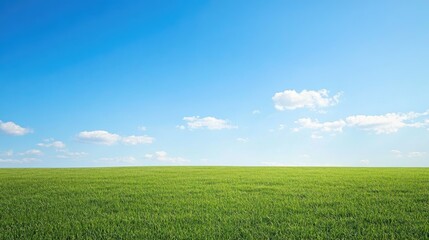 Obraz premium A wide, empty field with short grass, under a bright blue sky, providing room for copy