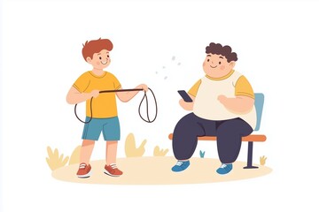 An illustration showing two characters, one sitting with a gadget, the other active, representing contrasting lifestyles for health and wellness themes