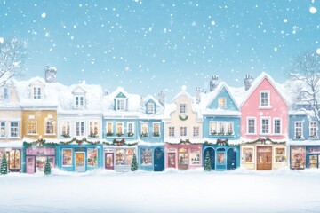 Fototapeta premium Colorful Snowy Village with Christmas Decorations