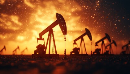 Oil pumps against a dramatic sunset sky, emphasizing energy production.