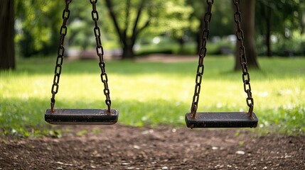 Empty swing set swaying gently in a quiet park, leaving plenty of room for copy