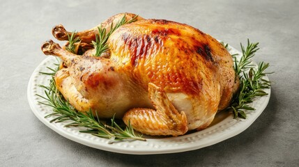 A whole roasted chicken on a white platter, with golden skin and rosemary garnish, ready for a holiday meal.
