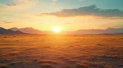 Expansive desert plains stretching out under a glowing sunset, ideal for copy space. No people