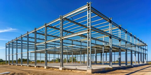 Metal frame of prefabricated industrial building structures set against a clear blue sky