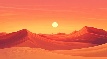 Fototapeta premium Expansive desert scene with orange and red dunes at sunset, vast space for text. No people, copy space