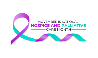 Hospice Palliative Care Month is November. Holiday concept. Realistic ribbon with hands and give love. Banner poster, flyer and background design template.
