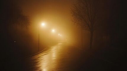Obraz premium A street at night with fog and street lights