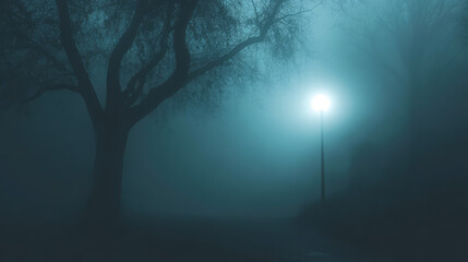 A tree is in the foreground of a dark forest