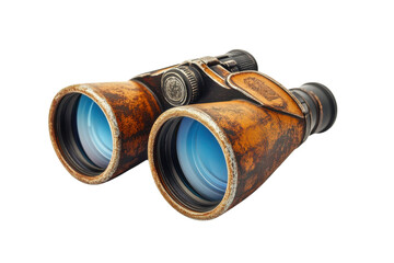Vintage binoculars with a leather finish on a white isolated background.