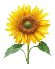 Fototapeta premium Vibrant sunflower with large yellow petals and green leaves, isolated on a white background.