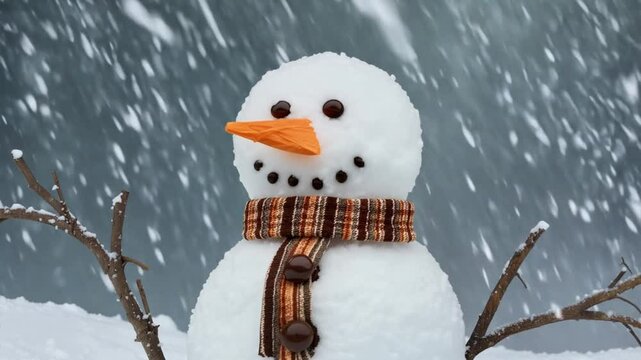 Snowman with branch arms forming during heavy snowfall