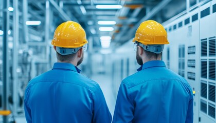 Two workers observing machinery in a modern industrial facility.