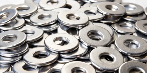 A collection of stainless steel galvanized flat washers for fasteners, screws, nuts or bolts