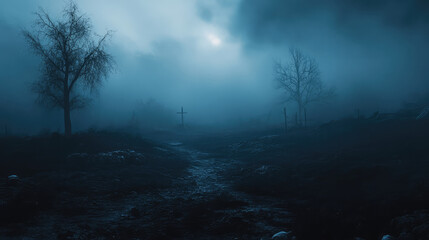 A dark, foggy forest with a path leading through it