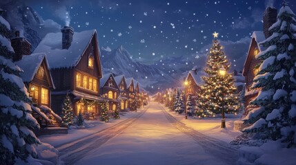 Fototapeta premium Cozy Village with Christmas Trees and Snowy Streets at Night