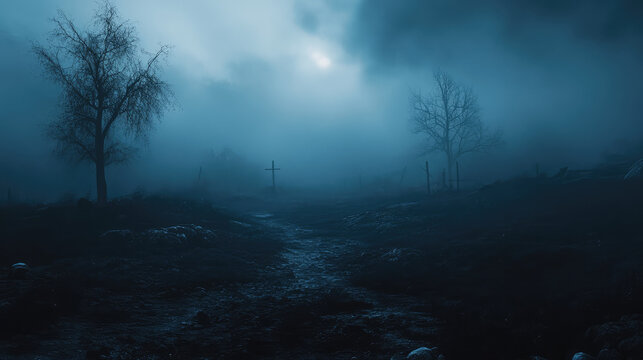 A dark, foggy forest with a path leading through it