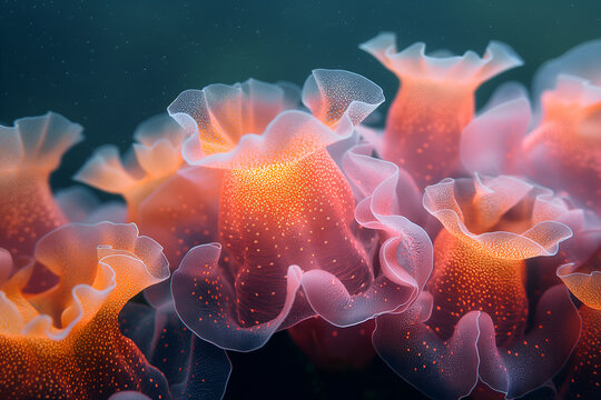 Underwater Elegance: A cluster of delicate, translucent sea slugs, their bodies adorned with intricate patterns of orange and pink, bloom like underwater flowers in a mesmerizing display of marine bea