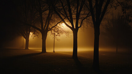 Fototapeta premium A dark park with trees and a street light