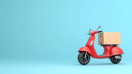 Obraz premium Red scooter with a cardboard box on the back, isolated on a blue background.