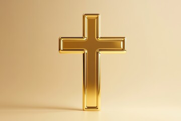 Naklejka premium Golden cross on beige background with shadow and reflection