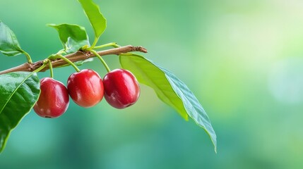 Obraz premium Coffee cherries on the branch, ready for harvest, vibrant red against green leaves