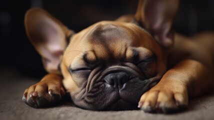 Adorable French Bulldog puppy sleeping peacefully, showcasing its cute wrinkled face and relaxed...