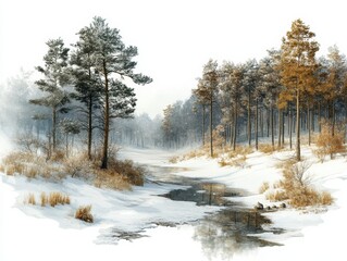 Winter landscape with snow-covered trees and a serene river scene.