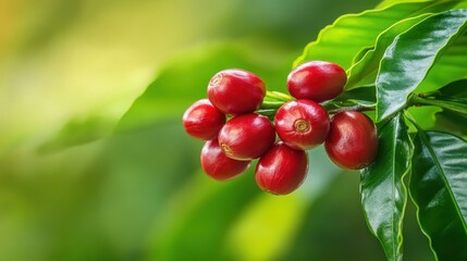 Obraz premium Coffee cherries on the branch, ready for harvest, vibrant red against green leaves