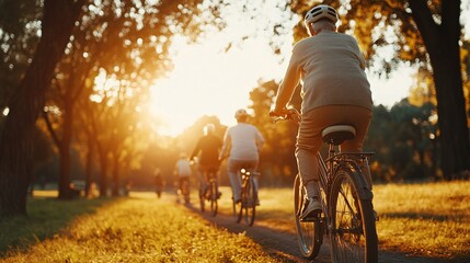elderly group cycling in park at sunset