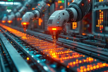 Fototapeta premium Automated Assembly Line with Robotic Arms