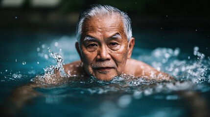 Elderly man swimming in a pool