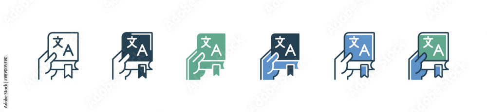 Poster hand holding language translate book icon set online global international translation dictionary ser