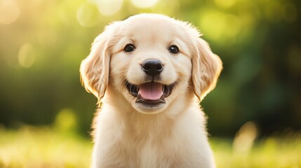 Obraz premium Adorable golden retriever puppy sitting in a sunlit garden, showcasing a happy and playful expression, perfect for pet-related content.