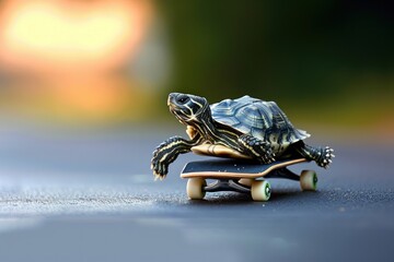 Cute tortoise on skateboard reptile animal wildlife.