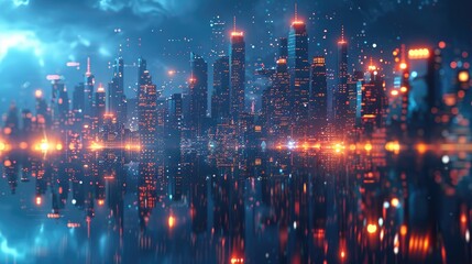 A futuristic city skyline with glowing lights reflecting in the water.  A swirling vortex of energy illuminates the cityscape.