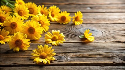 Obraz premium Yellow daisy flowers scattered on a rustic wooden floor