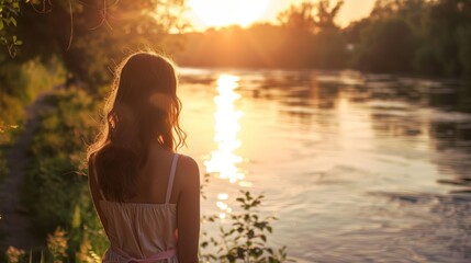 Serene Riverbank Sunset with Woman in Pink Ribbon - Peaceful Summer Evening Glow
