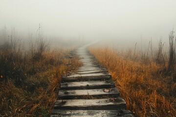 Obraz premium A worn-out path leading through a dense fog, representing a journey through uncertainty or confusion 