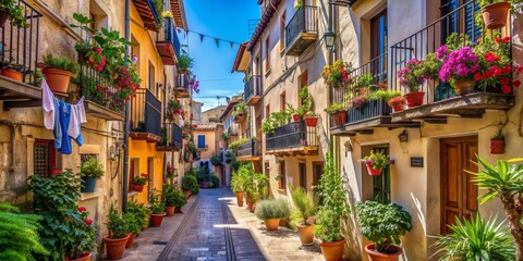 Fototapeta premium A Narrow Italian Alleyway with Flower-Filled Balconies and a Cobblestone Path, Italy, balcony, flower, cobblestone, alleyway