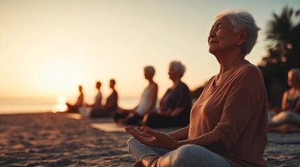 senior woman meditating on the beach at sunset
