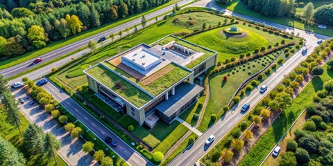 Aerial Perspective of a Green Roof Building Surrounded by Lush Greenery,  drone photography,  architecture, green roof, landscape design
