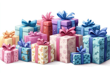 A vibrant collection of beautifully wrapped gifts with various patterns and bows, perfect for celebrating birthdays or special events